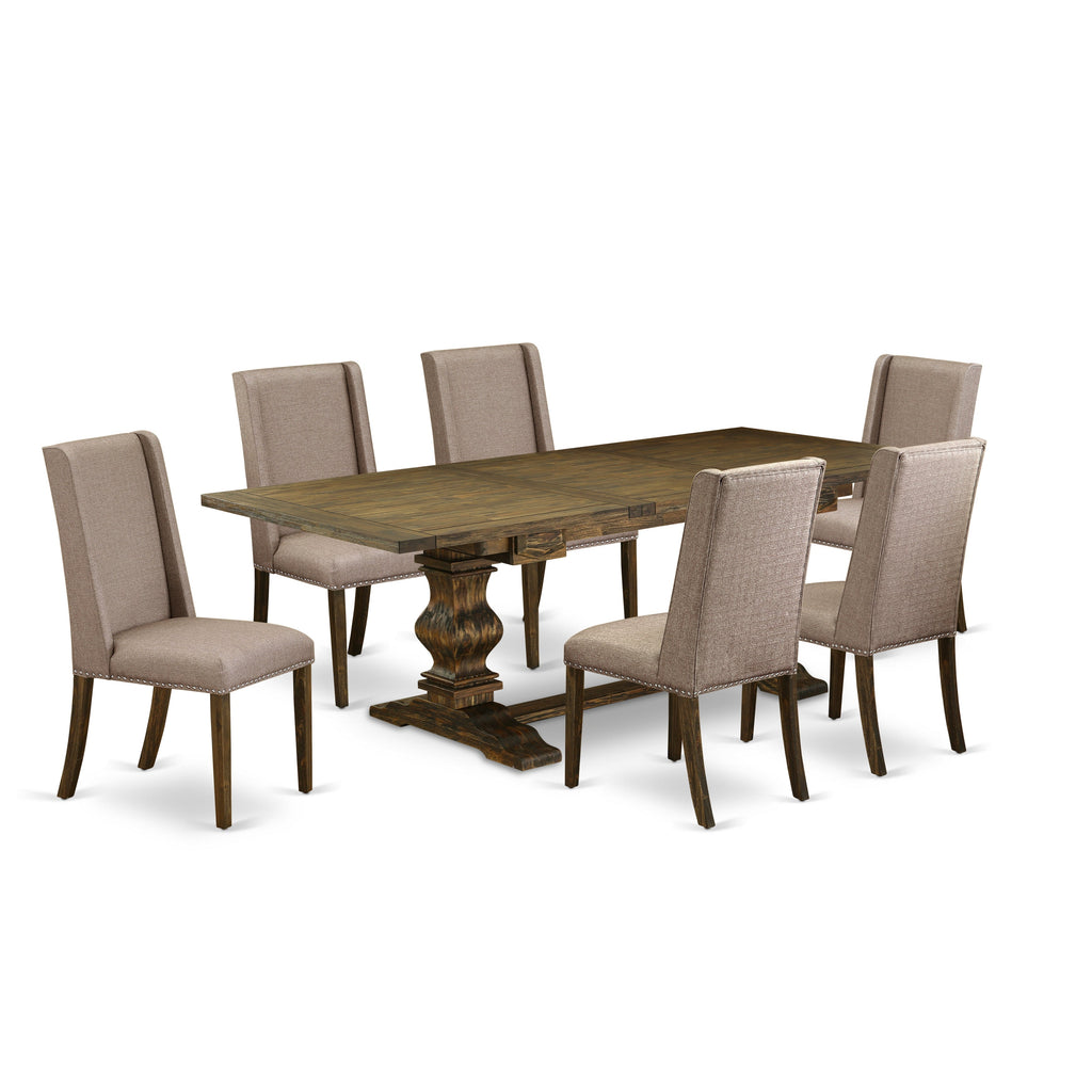 East West Furniture LAFL7-77-16 7 Piece Kitchen Table Set Consist of a Rectangle Dining Table with Butterfly Leaf and 6 Dark Khaki Linen Fabric Parsons Chairs, 42x92 Inch, Jacobean