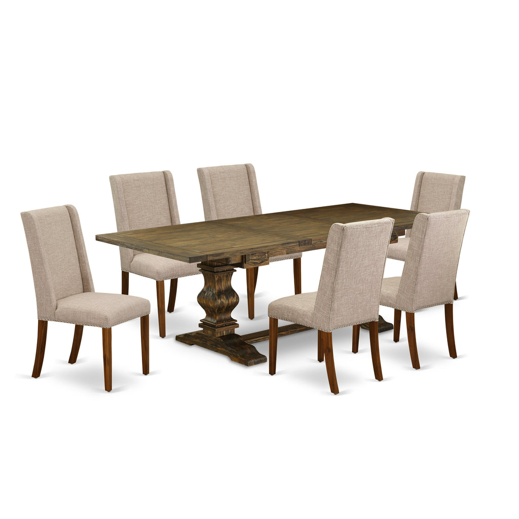 East West Furniture LAFL7-78-04 7 Piece Dining Table Set Consist of a Rectangle Wooden Table with Butterfly Leaf and 6 Light Tan Linen Fabric Upholstered Chairs, 42x92 Inch, Jacobean