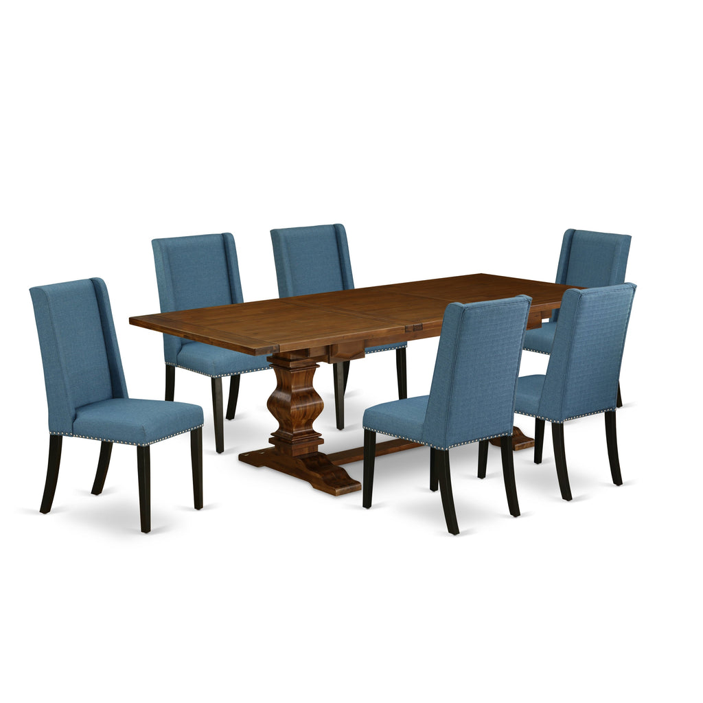 East West Furniture LAFL7-81-21 7 Piece Dinette Set Consist of a Rectangle Dining Room Table with Butterfly Leaf and 6 Blue Linen Fabric Parsons Dining Chairs, 42x92 Inch, Walnut