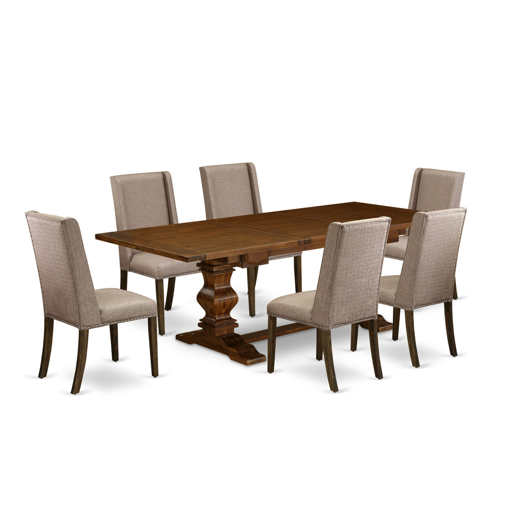East West Furniture LAFL7-87-16 7 Piece Dining Table Set Consist of a Rectangle Dining Room Table with Butterfly Leaf and 6 Dark Khaki Linen Fabric Parson Chairs, 42x92 Inch, Walnut
