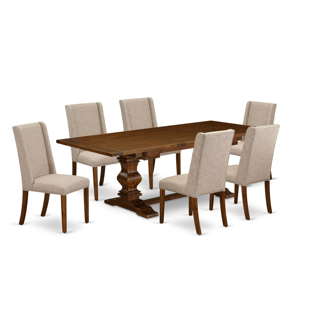 East West Furniture LAFL7-88-04 7 Piece Kitchen Table & Chairs Set Consist of a Rectangle Butterfly Leaf Dining Table and 6 Light Tan Linen Fabric Parson Chairs, 42x92 Inch, Walnut