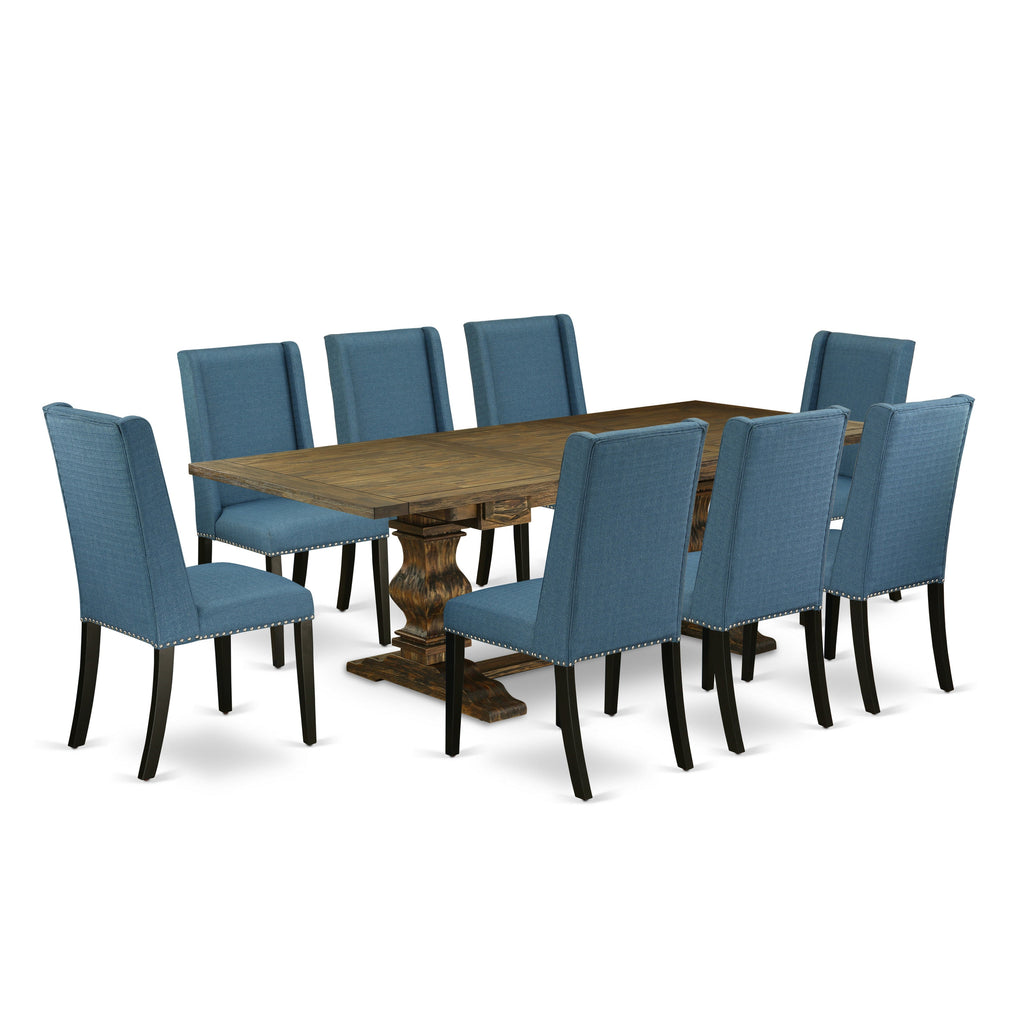 East West Furniture LAFL9-71-21 9 Piece Dining Room Furniture Set Includes a Rectangle Wooden Table with Butterfly Leaf and 8 Blue Linen Fabric Parson Dining Chairs, 42x92 Inch, Jacobean