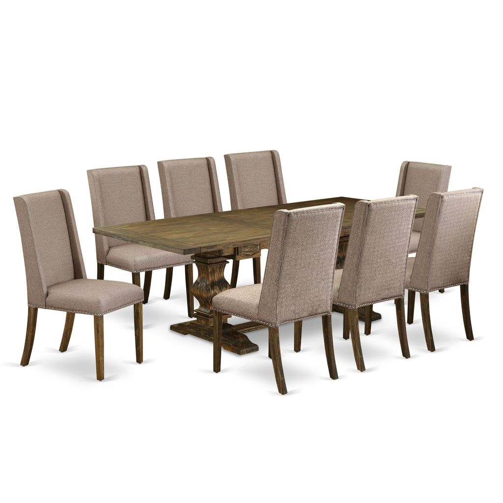 East West Furniture LAFL9-77-16 9 Piece Dining Set Includes a Rectangle Dining Room Table with Butterfly Leaf and 8 Dark Khaki Linen Fabric Upholstered Chairs, 42x92 Inch, Jacobean