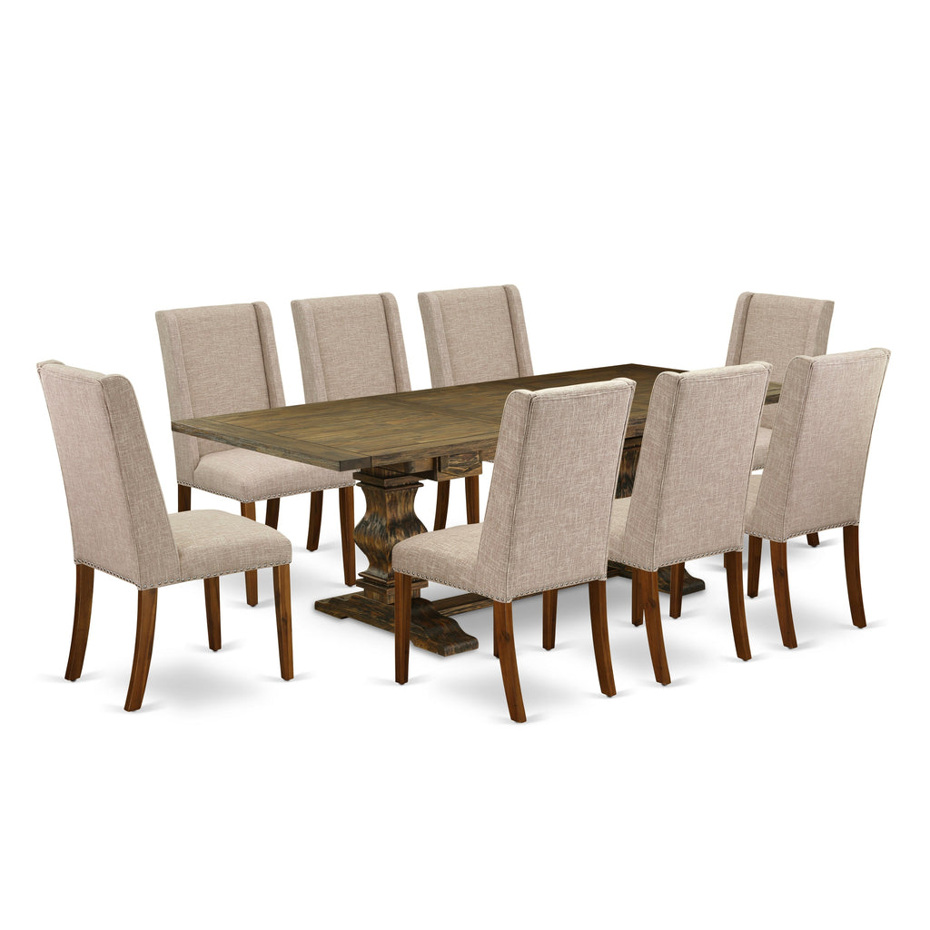 East West Furniture LAFL9-78-04 9 Piece Dining Table Set Includes a Rectangle Dining Room Table with Butterfly Leaf and 8 Light Tan Linen Fabric Upholstered Chairs, 42x92 Inch, Jacobean