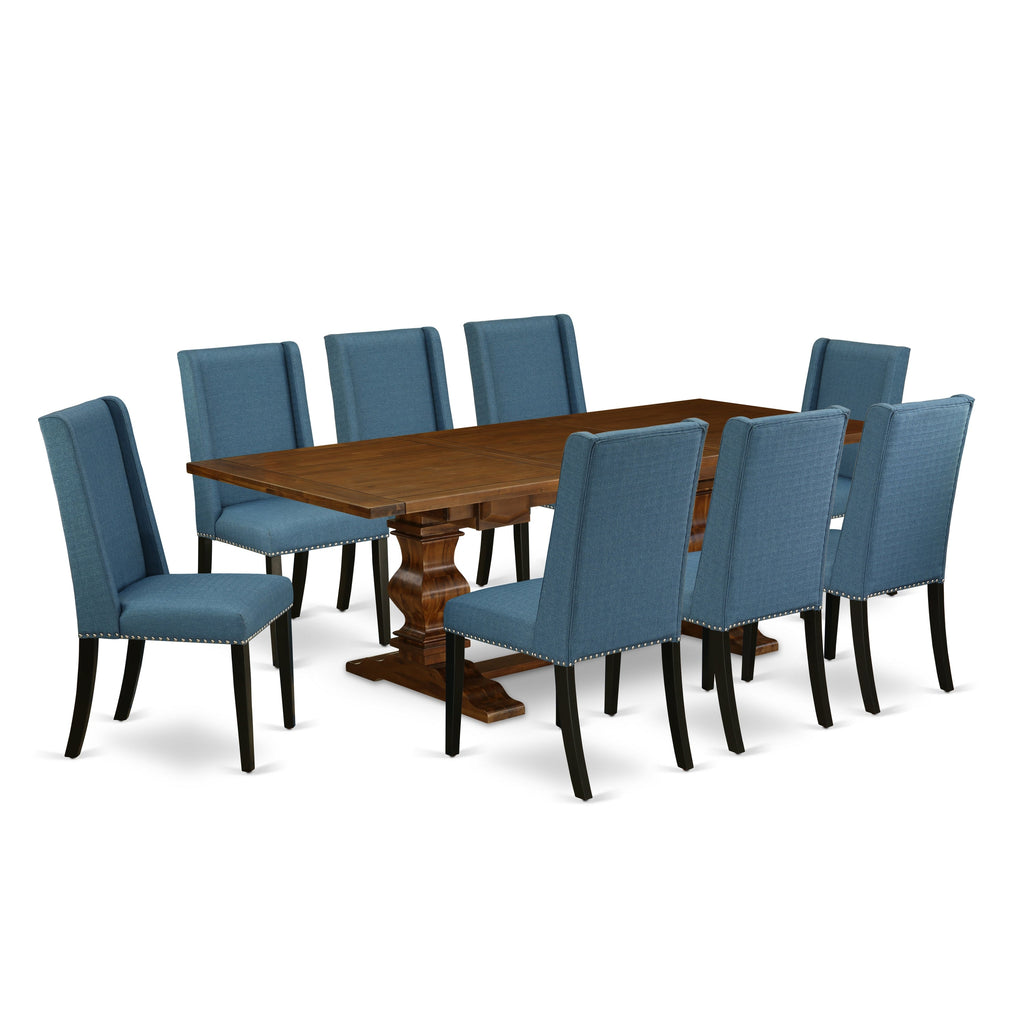 East West Furniture LAFL9-81-21 9 Piece Dining Table Set Includes a Rectangle Dining Room Table with Butterfly Leaf and 8 Blue Linen Fabric Parsons Chairs, 42x92 Inch, Walnut