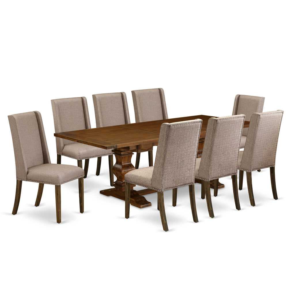 East West Furniture LAFL9-87-16 9 Piece Dining Table Set Includes a Rectangle Dining Room Table with Butterfly Leaf and 8 Dark Khaki Linen Fabric Parsons Chairs, 42x92 Inch, Walnut