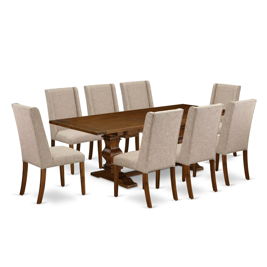 East West Furniture LAFL9-88-04 9 Piece Dining Set Includes a Rectangle Dining Room Table with Butterfly Leaf and 8 Light Tan Linen Fabric Upholstered Chairs, 42x92 Inch, Walnut