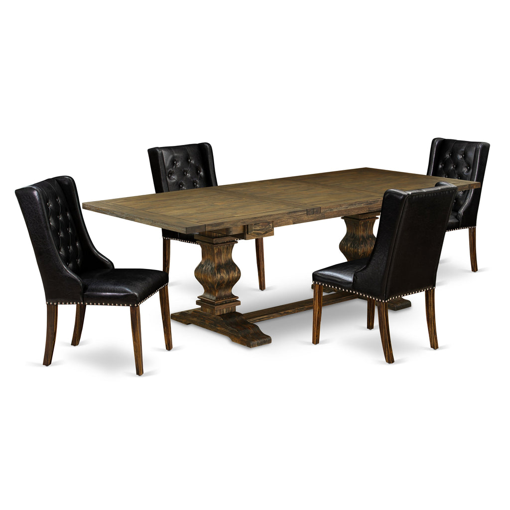East West Furniture LAFO5-77-49 5 Piece Kitchen Table & Chairs Set Includes a Rectangle Butterfly Leaf Dining Table and 4 Black Faux Leather Parsons Chairs, 42x92 Inch, Jacobean