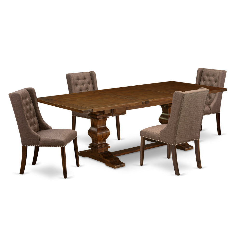 East West Furniture LAFO5-88-18 5 Piece Dinette Set Includes a Rectangle Dining Room Table with Butterfly Leaf and 4 Brown Linen Linen Fabric Upholstered Chairs, 42x92 Inch, Jacobean