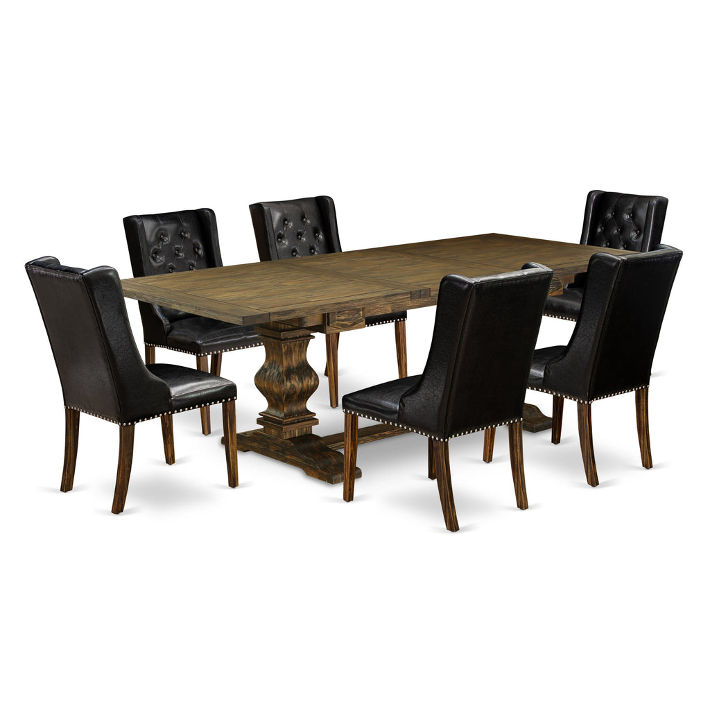 East West Furniture LAFO7-77-49 7 Piece Dinette Set Consist of a Rectangle Dining Table with Butterfly Leaf and 6 Black Faux Leather Parson Dining Room Chairs, 42x92 Inch, Jacobean
