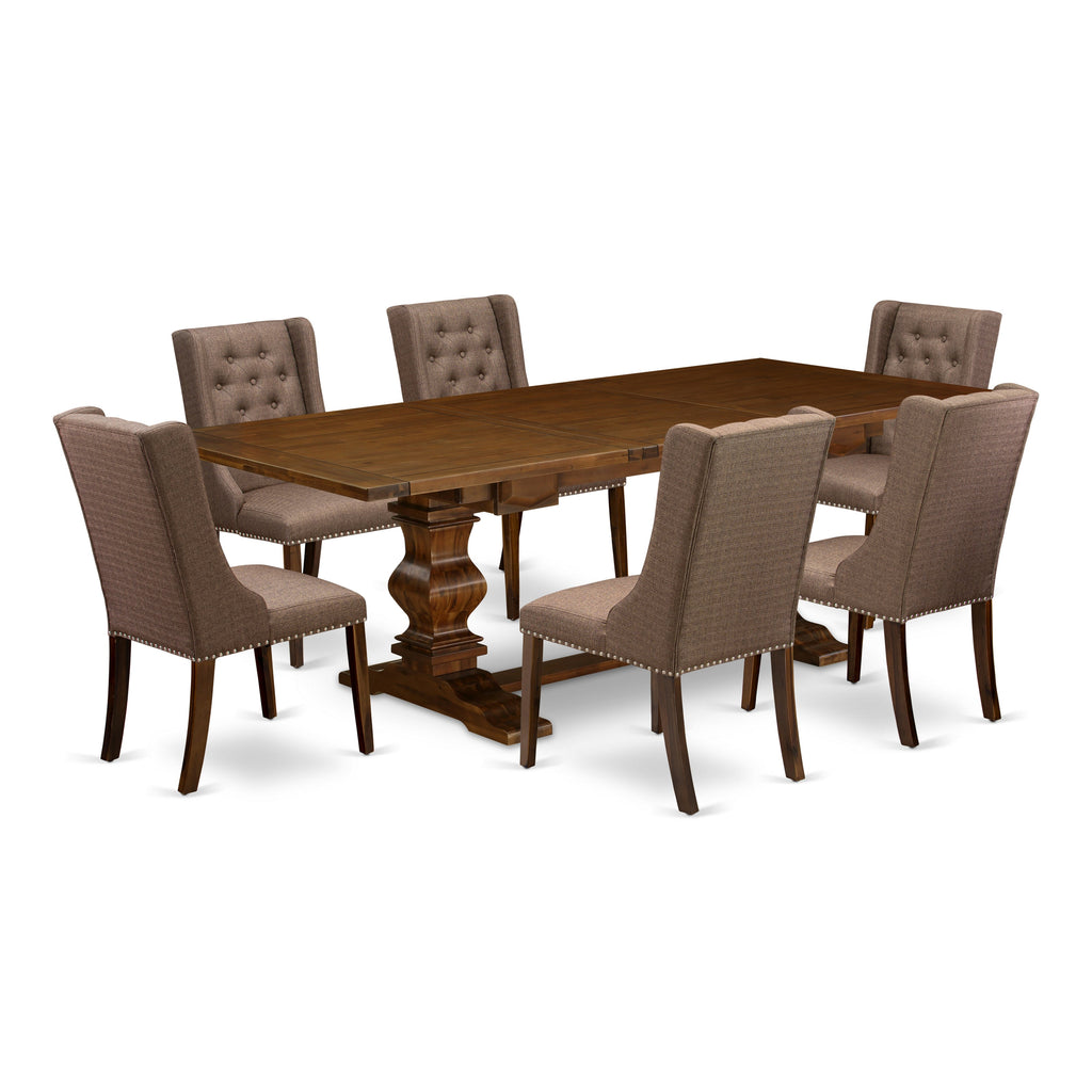 East West Furniture LAFO7-88-18 7 Piece Dining Table Set Consist of a Rectangle Dining Room Table with Butterfly Leaf and 6 Brown Linen Linen Fabric Parsons Chairs, 42x92 Inch, Jacobean