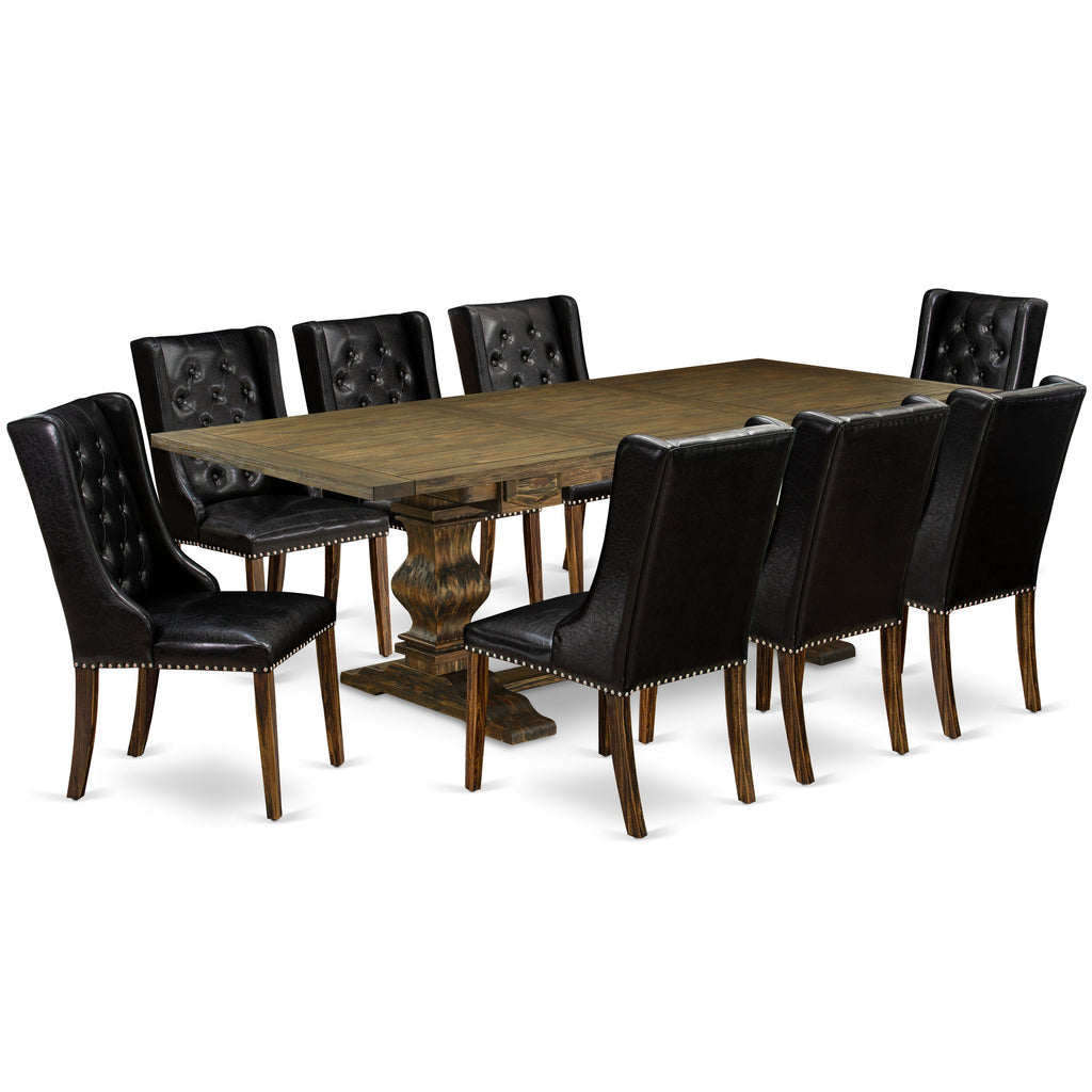 East West Furniture LAFO9-77-49 9 Piece Dining Room Table Set Includes a Rectangle Wooden Table with Butterfly Leaf and 8 Black Faux Leather Upholstered Chairs, 42x92 Inch, Jacobean