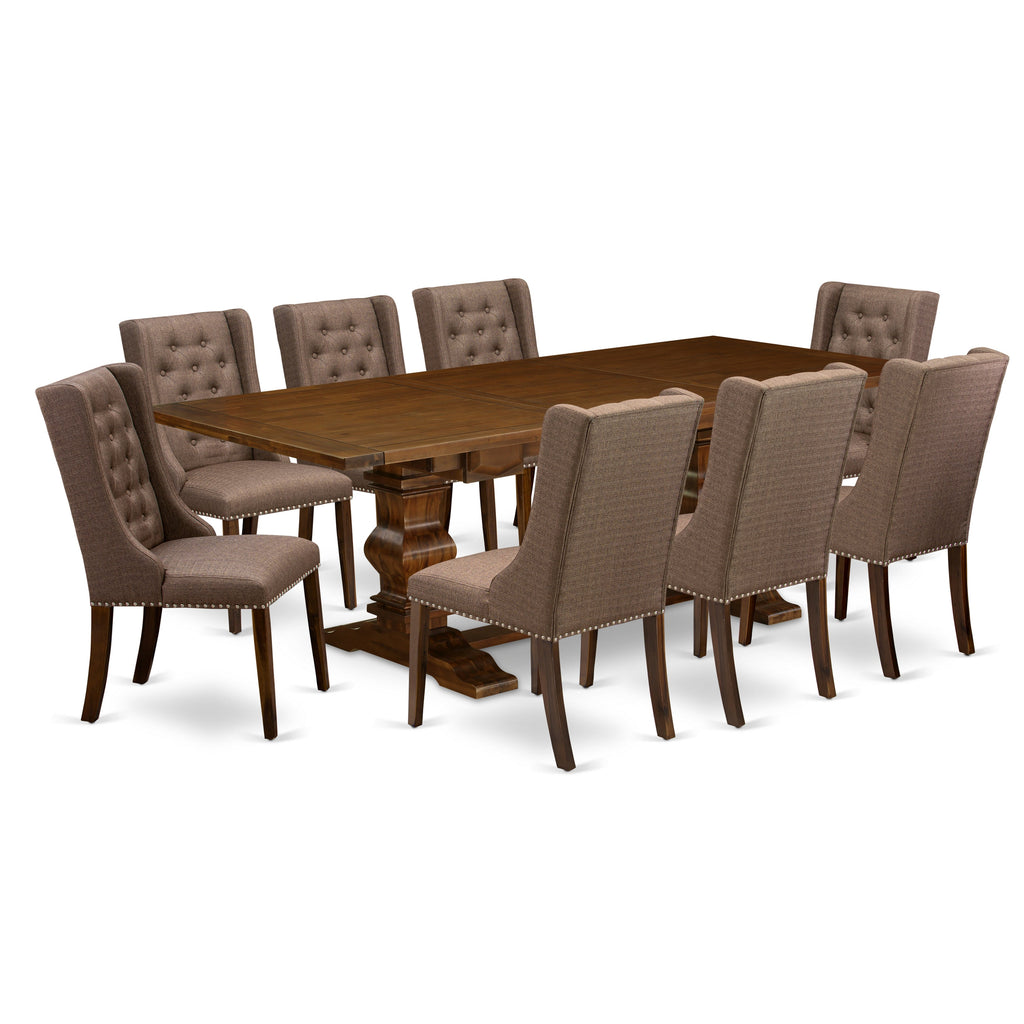 East West Furniture LAFO9-88-18 9 Piece Dining Set Includes a Rectangle Dining Room Table with Butterfly Leaf and 8 Brown Linen Linen Fabric Upholstered Chairs, 42x92 Inch, Jacobean
