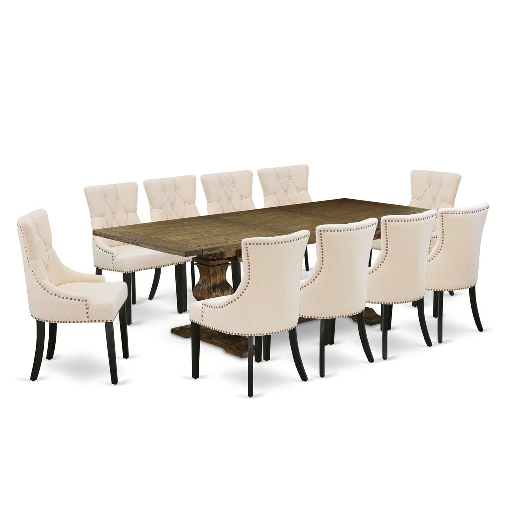 East West Furniture LAFR11-71-02 11 Piece Dining Table Set Includes a Rectangle Butterfly Leaf Kitchen Table and 10 Light Beige Linen Fabric Parson Chairs, 42x92 Inch, Jacobean