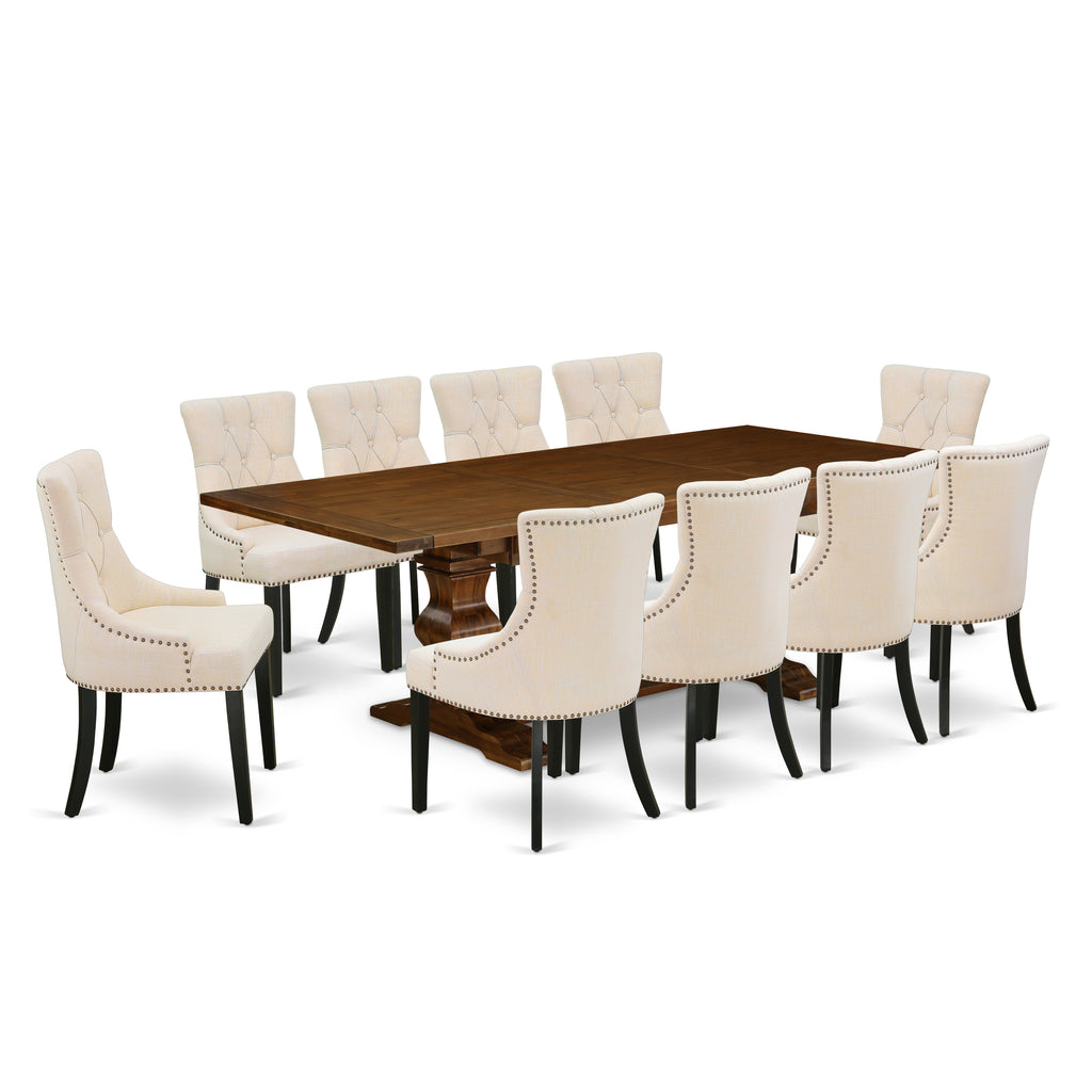 East West Furniture LAFR11-81-02 11 Piece Dinette Set Includes a Rectangle Dining Table with Butterfly Leaf and 10 Light Beige Linen Fabric Parson Dining Chairs, 42x92 Inch, Walnut