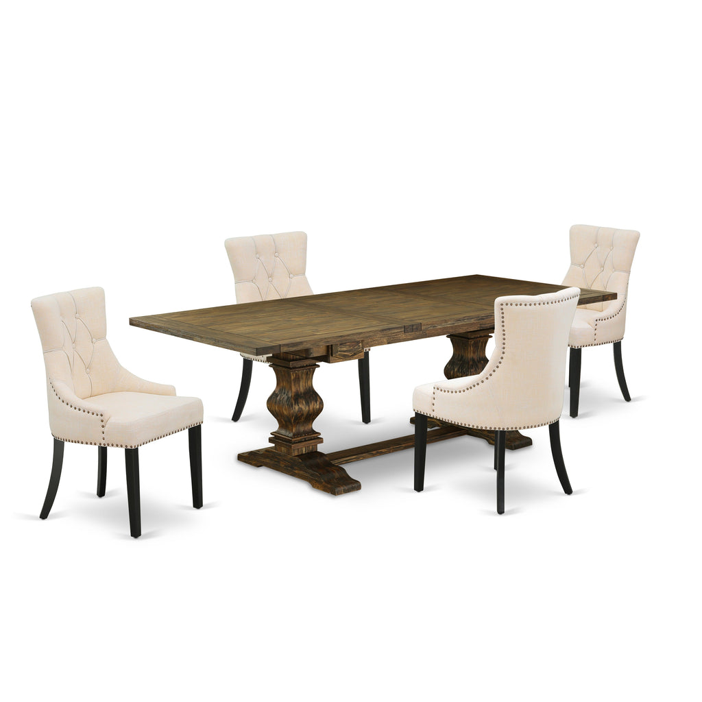 East West Furniture LAFR5-71-02 5 Piece Dining Table Set for 4 Includes a Rectangle Kitchen Table with Butterfly Leaf and 4 Light Beige Linen Fabric Parsons Chairs, 42x92 Inch, Jacobean