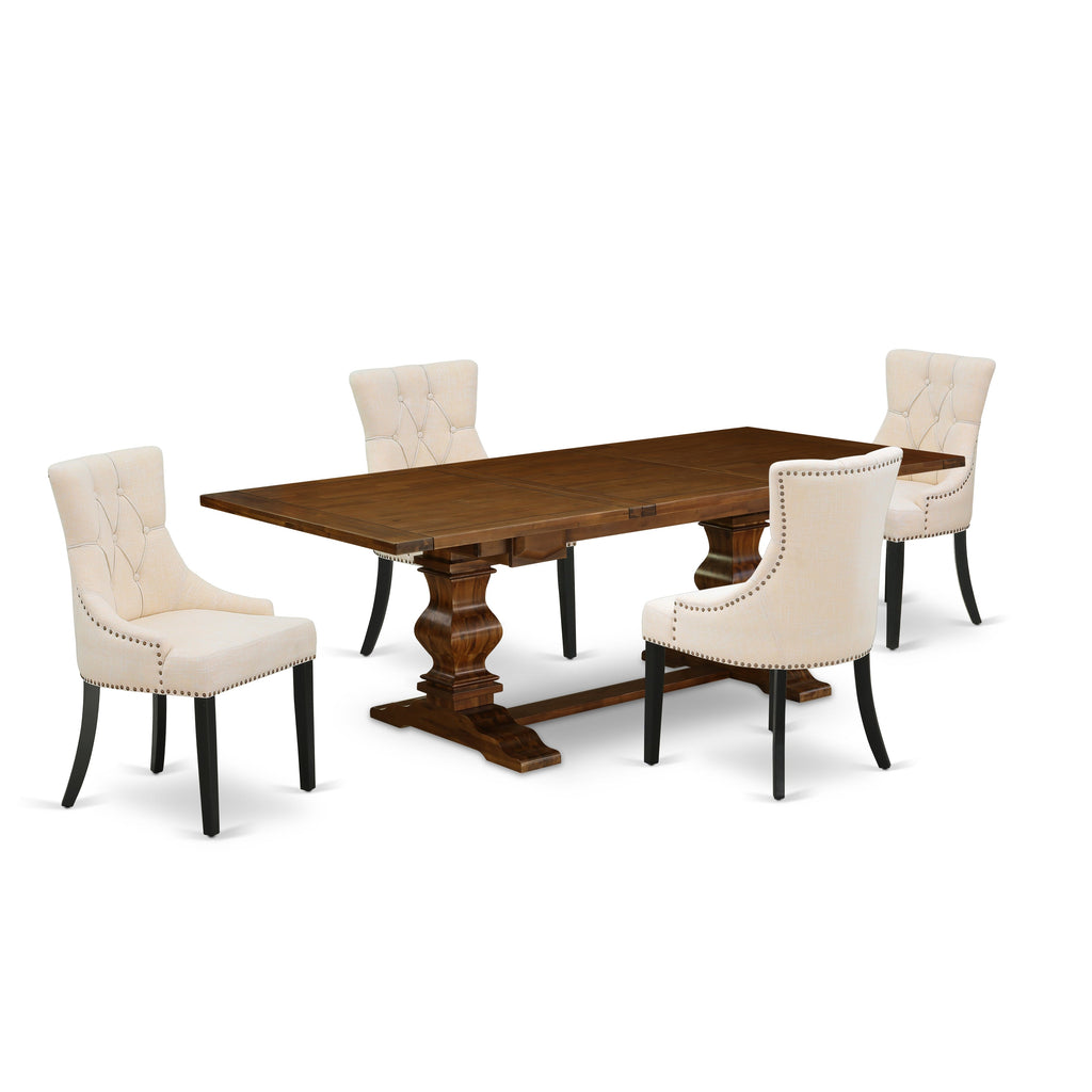 East West Furniture LAFR5-81-02 5 Piece Dining Table Set for 4 Includes a Rectangle Kitchen Table with Butterfly Leaf and 4 Light Beige Linen Fabric Parsons Chairs, 42x92 Inch, Walnut