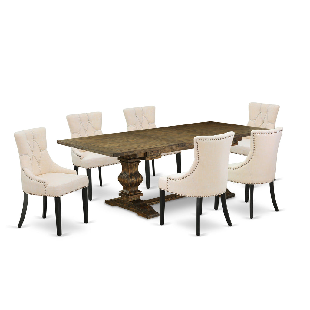 East West Furniture LAFR7-71-02 7 Piece Dining Table Set Consist of a Rectangle Butterfly Leaf Kitchen Table and 6 Light Beige Linen Fabric Parson Chairs, 42x92 Inch, Jacobean