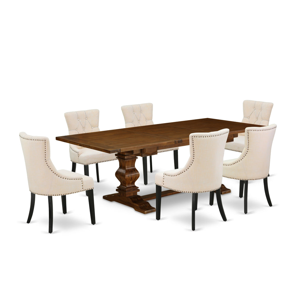 East West Furniture LAFR7-81-02 7 Piece Dining Room Set Consist of a Rectangle Wooden Table with Butterfly Leaf and 6 Light Beige Linen Fabric Parson Dining Chairs, 42x92 Inch, Walnut