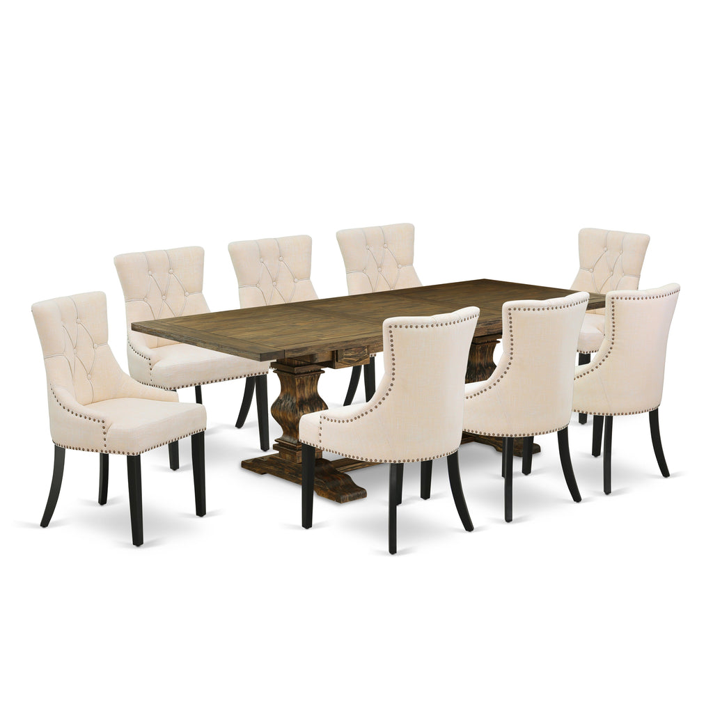 East West Furniture LAFR9-71-02 9 Piece Dining Room Table Set Includes a Rectangle Kitchen Table with Butterfly Leaf and 8 Light Beige Linen Fabric Parson Chairs, 42x92 Inch, Jacobean