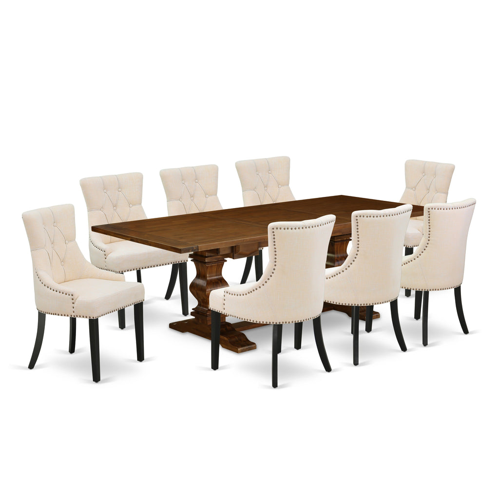 East West Furniture LAFR9-81-02 9 Piece Kitchen Table Set Includes a Rectangle Dining Table with Butterfly Leaf and 8 Light Beige Linen Fabric Upholstered Chairs, 42x92 Inch, Walnut