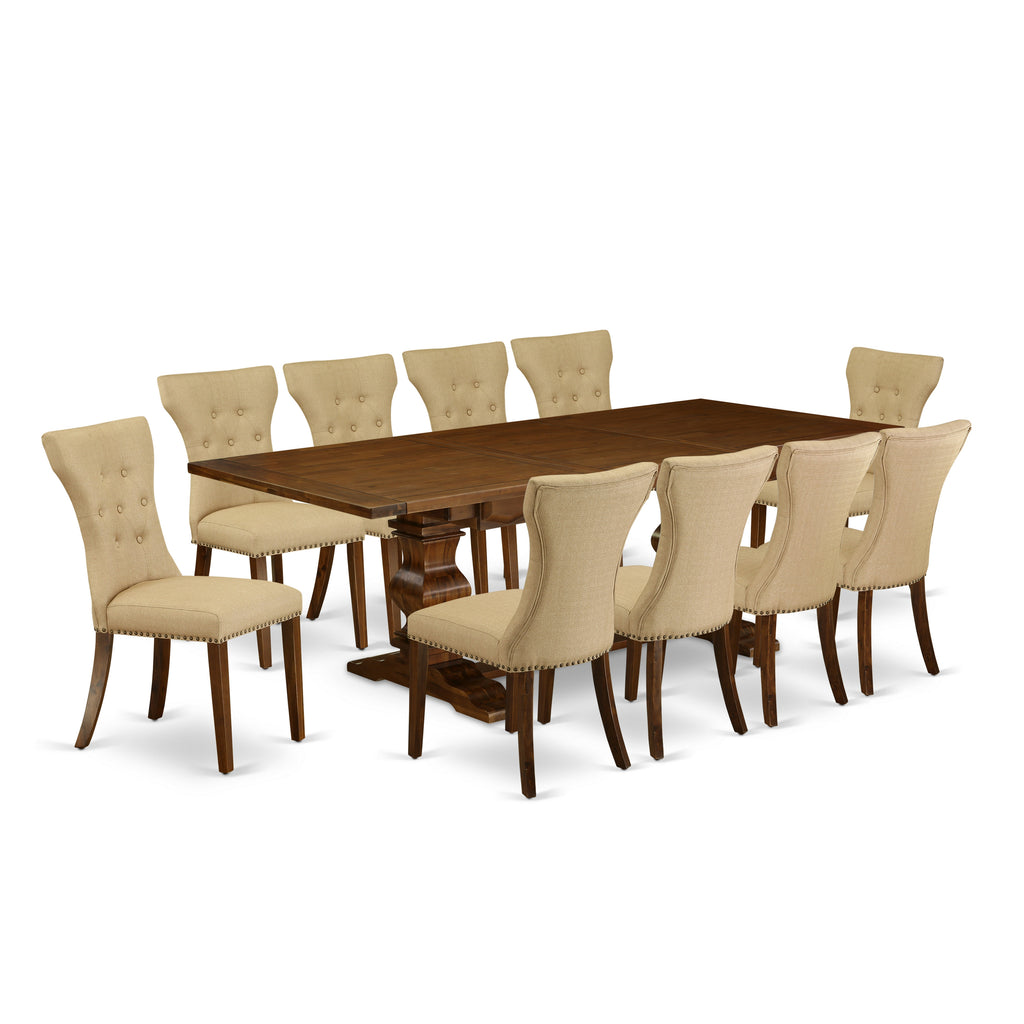 East West Furniture LAGA11-88-03 11 Piece Dining Room Table Set Includes a Rectangle Kitchen Table with Butterfly Leaf and 10 Brown Linen Fabric Parson Dining Chairs, 42x92 Inch, Walnut