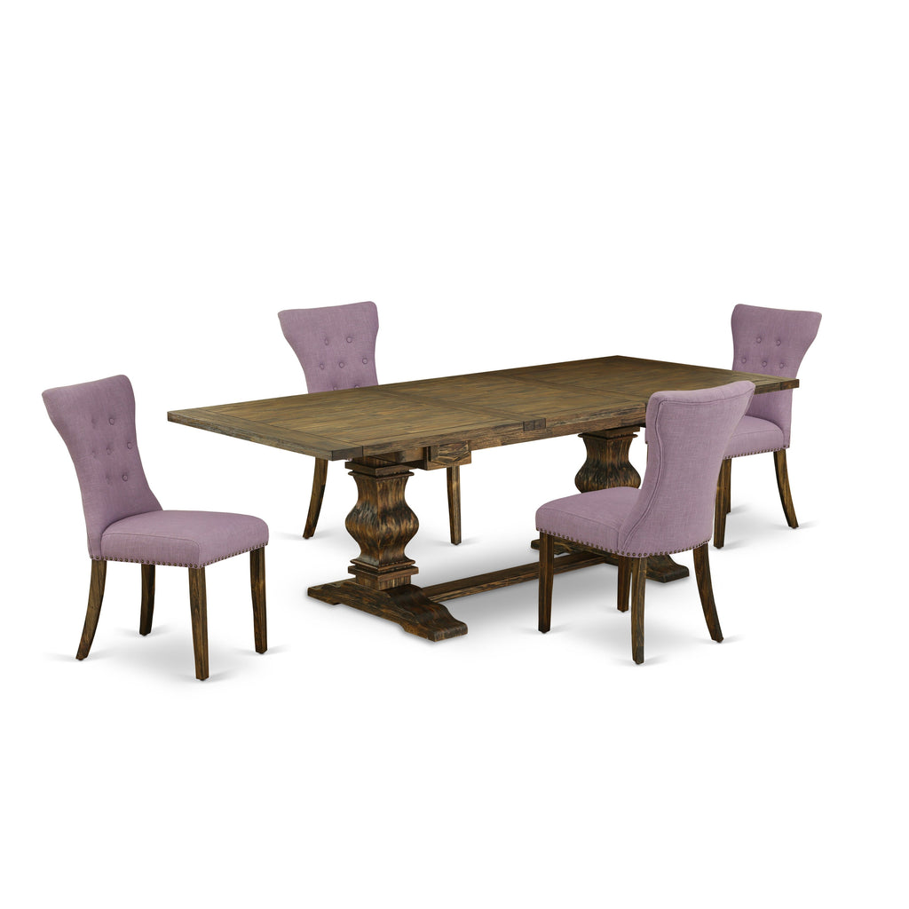 East West Furniture LAGA5-77-40 5 Piece Dining Room Furniture Set Includes a Rectangle Wooden Table with Butterfly Leaf and 4 Dahlia Linen Fabric Upholstered Chairs, 42x92 Inch, Jacobean
