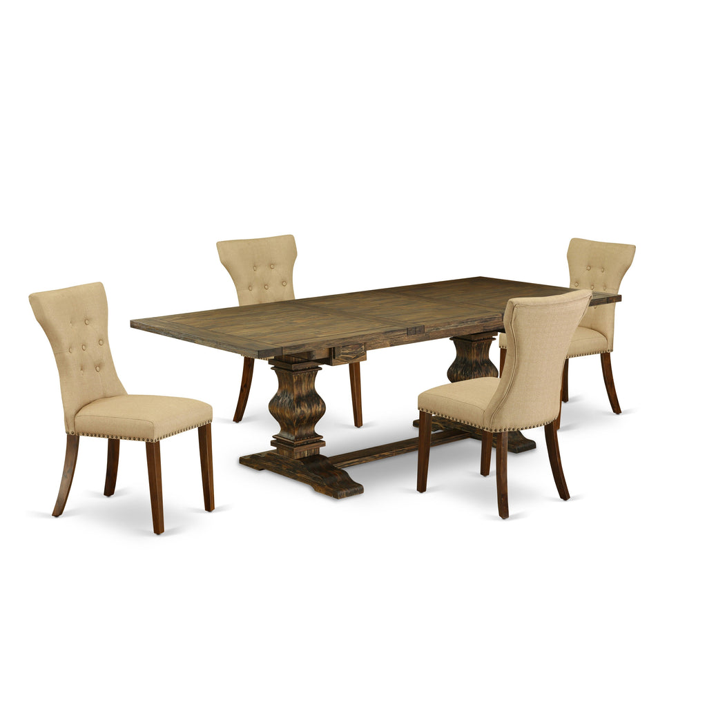 East West Furniture LAGA5-78-03 5 Piece Dinette Set for 4 Includes a Rectangle Dining Room Table with Butterfly Leaf and 4 Brown Linen Fabric Upholstered Chairs, 42x92 Inch, Jacobean