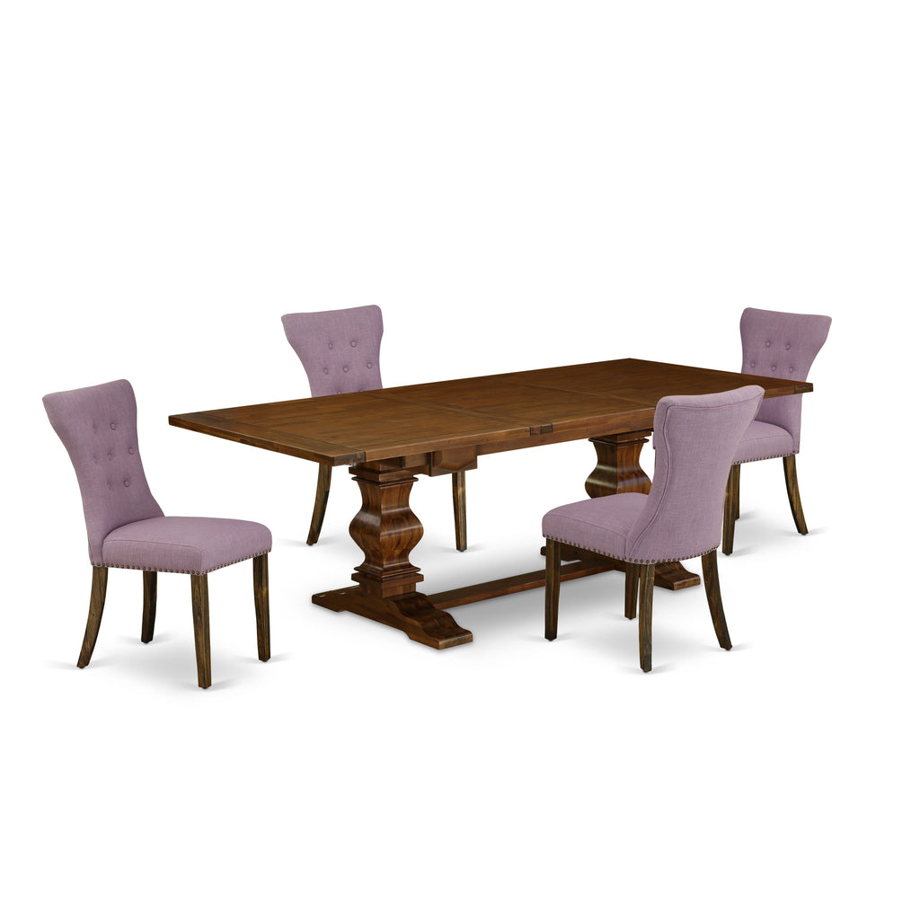 East West Furniture LAGA5-87-40 5 Piece Dining Room Table Set Includes a Rectangle Kitchen Table with Butterfly Leaf and 4 Dahlia Linen Fabric Parson Dining Chairs, 42x92 Inch, Walnut