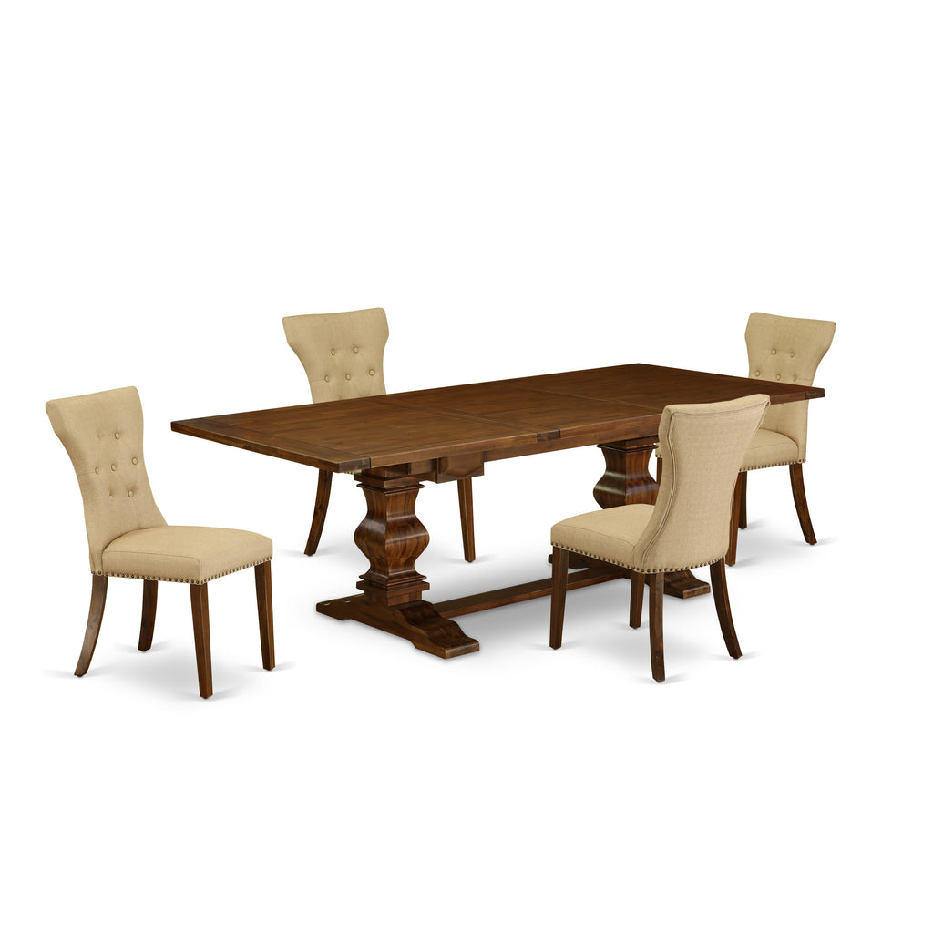 East West Furniture LAGA5-88-03 5 Piece Dining Room Table Set Includes a Rectangle Wooden Table with Butterfly Leaf and 4 Brown Linen Fabric Upholstered Chairs, 42x92 Inch, Walnut