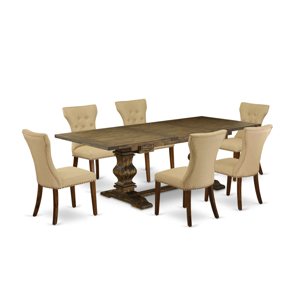LAGA7-78-03 7Pc Dining Set - 42x92" Rectangular Table and 6 Parson Chairs - Distressed Jacobean Color