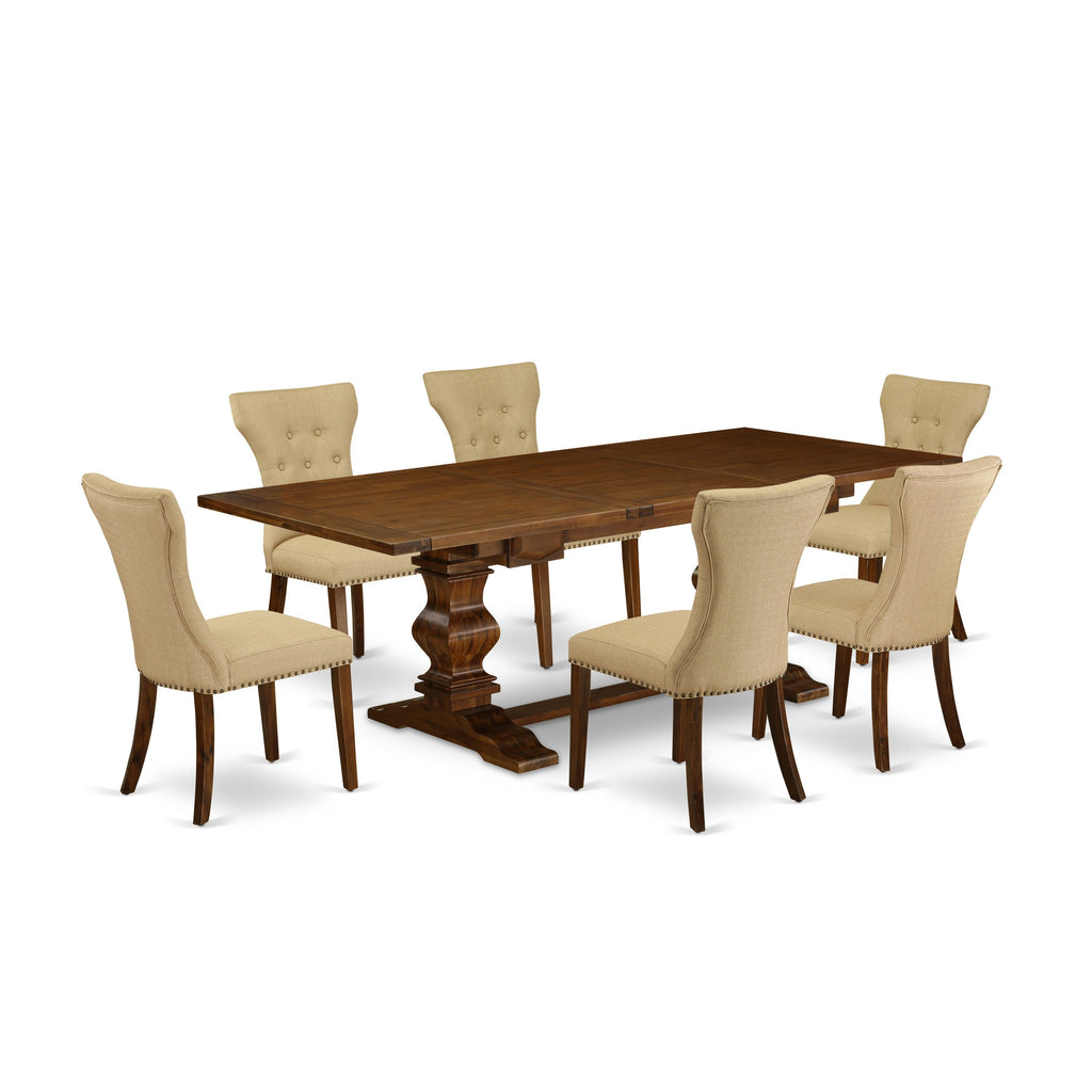 East West Furniture LAGA7-88-03 7 Piece Dining Room Table Set Consist of a Rectangle Wooden Table with Butterfly Leaf and 6 Brown Linen Fabric Upholstered Chairs, 42x92 Inch, Walnut