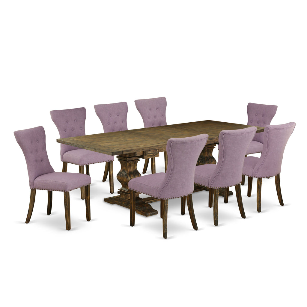 East West Furniture LAGA9-77-40 9 Piece Kitchen Table Set Includes a Rectangle Dining Table with Butterfly Leaf and 8 Dahlia Linen Fabric Parsons Dining Chairs, 42x92 Inch, Jacobean