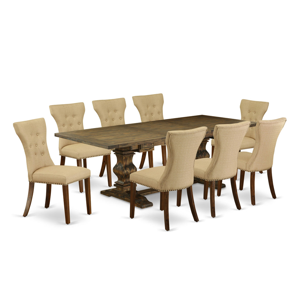 East West Furniture LAGA9-78-03 9 Piece Dining Table Set Includes a Rectangle Dining Room Table with Butterfly Leaf and 8 Brown Linen Fabric Upholstered Chairs, 42x92 Inch, Jacobean