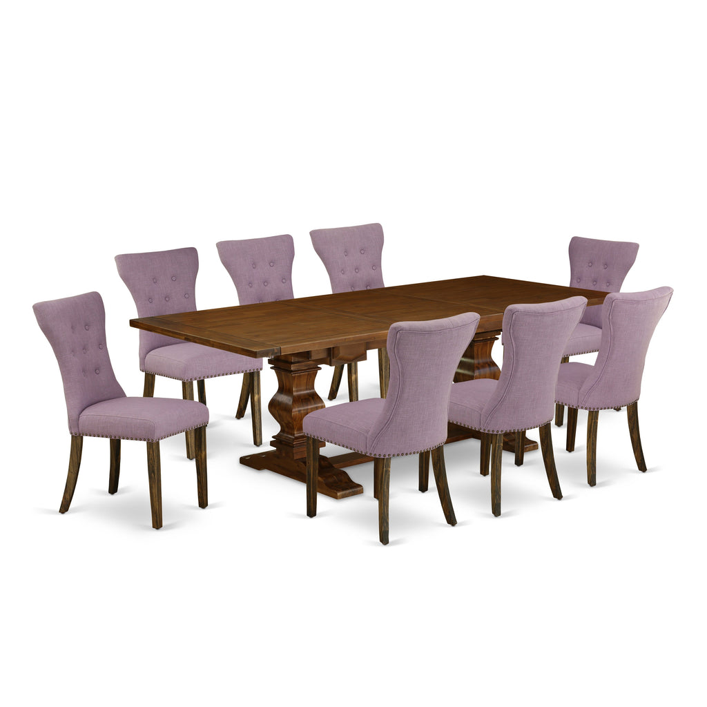 East West Furniture LAGA9-87-40 9 Piece Kitchen Table Set Includes a Rectangle Dining Table with Butterfly Leaf and 8 Dahlia Linen Fabric Parson Dining Chairs, 42x92 Inch, Walnut