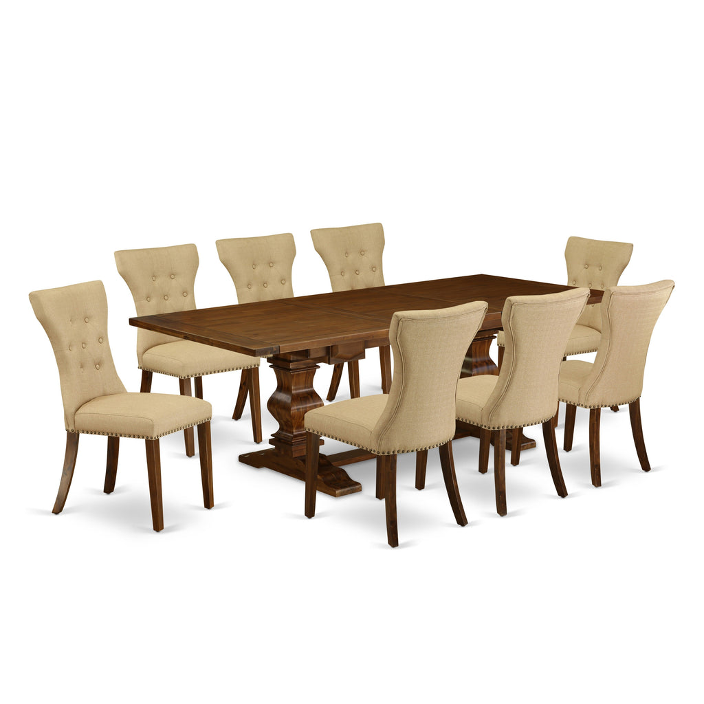 East West Furniture LAGA9-88-03 9 Piece Dining Table Set Includes a Rectangle Kitchen Table with Butterfly Leaf and 8 Brown Linen Fabric Parson Dining Chairs, 42x92 Inch, Walnut