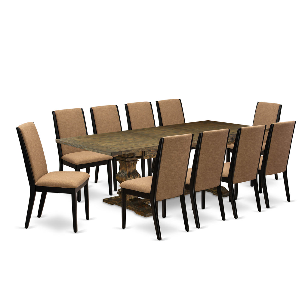 East West Furniture LALA11-71-47 11 Piece Kitchen Table Set Includes a Rectangle Dining Table with Butterfly Leaf and 10 Light Sable Linen Fabric Upholstered Chairs, 42x92 Inch, Jacobean