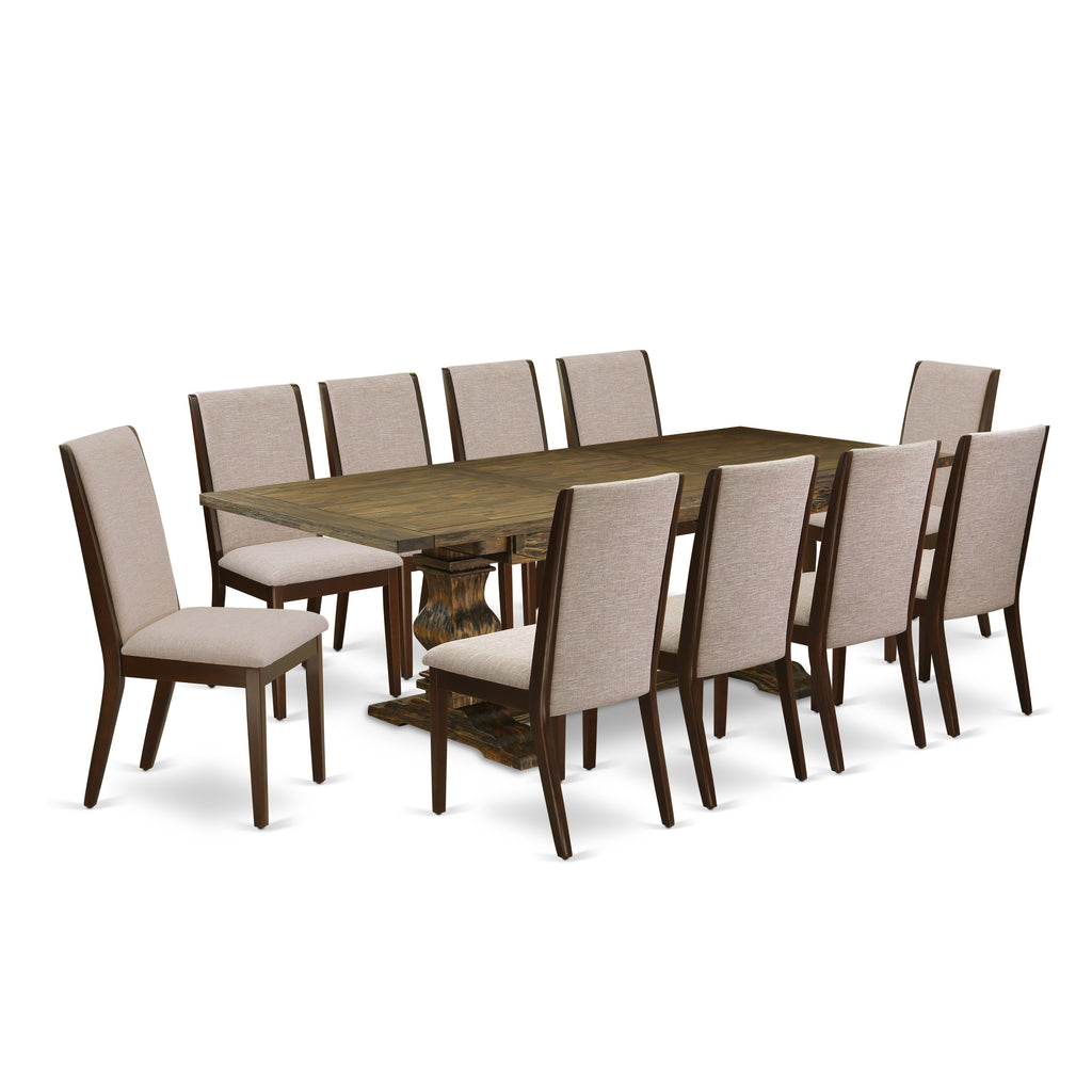 East West Furniture LALA11-73-04 11 Piece Dining Set Includes a Rectangle Dining Room Table with Butterfly Leaf and 10 Light Tan Linen Fabric Upholstered Chairs, 42x92 Inch, Jacobean