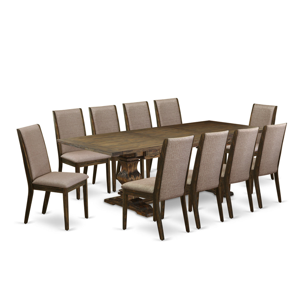 East West Furniture LALA11-77-16 11 Piece Dinette Set Includes a Rectangle Dining Room Table with Butterfly Leaf and 10 Dark Khaki Linen Fabric Parson Dining Chairs, 42x92 Inch, Jacobean
