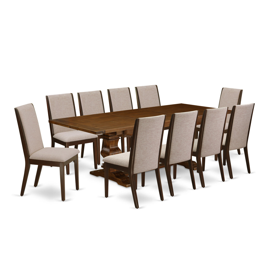 East West Furniture LALA11-83-04 11 Piece Dining Table Set Includes a Rectangle Dining Room Table with Butterfly Leaf and 10 Light Tan Linen Fabric Parson Chairs, 42x92 Inch, Walnut
