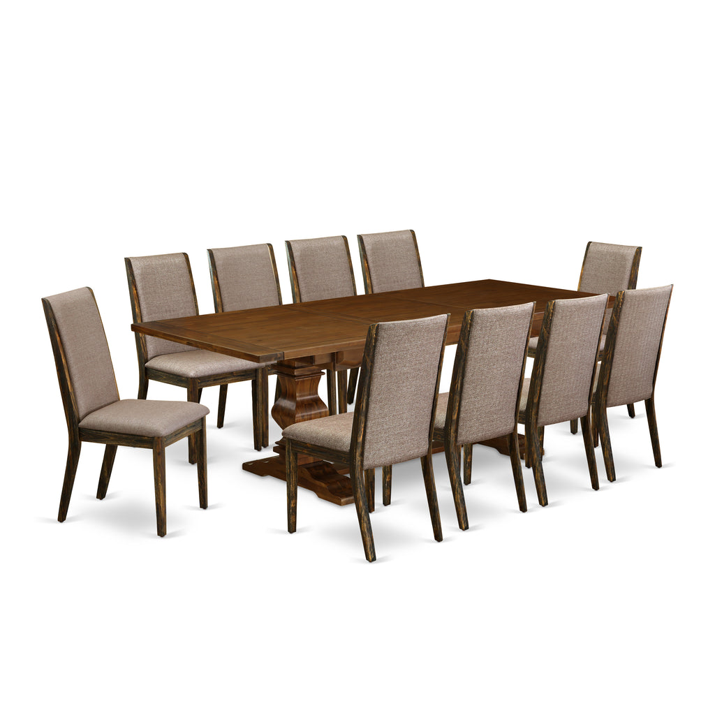 East West Furniture LALA11-87-16 11 Piece Dining Table Set Includes a Rectangle Wooden Table with Butterfly Leaf and 10 Dark Khaki Linen Fabric Upholstered Chairs, 42x92 Inch, Walnut