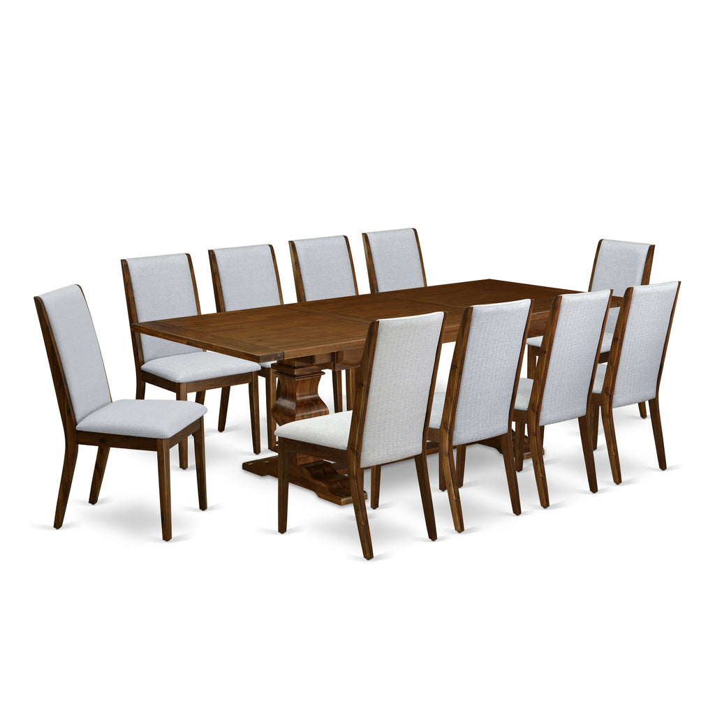 East West Furniture LALA11-88-05 11 Piece Dining Set Includes a Rectangle Dining Room Table with Butterfly Leaf and 10 Grey Linen Fabric Upholstered Chairs, 42x92 Inch, Walnut