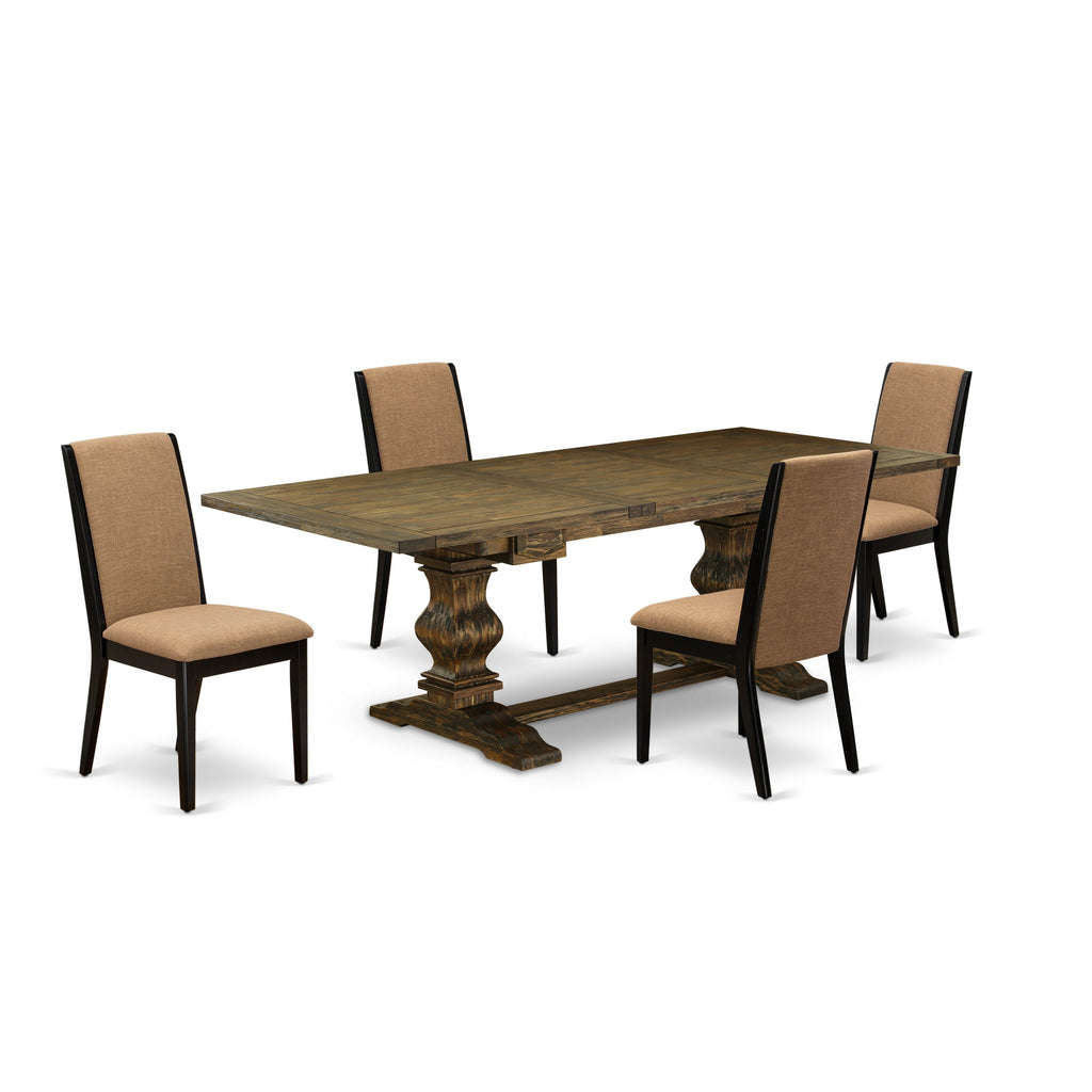 East West Furniture LALA5-71-47 5 Piece Dining Room Set Includes a Rectangle Wooden Table with Butterfly Leaf and 4 Light Sable Linen Fabric Parsons Dining Chairs, 42x92 Inch, Jacobean