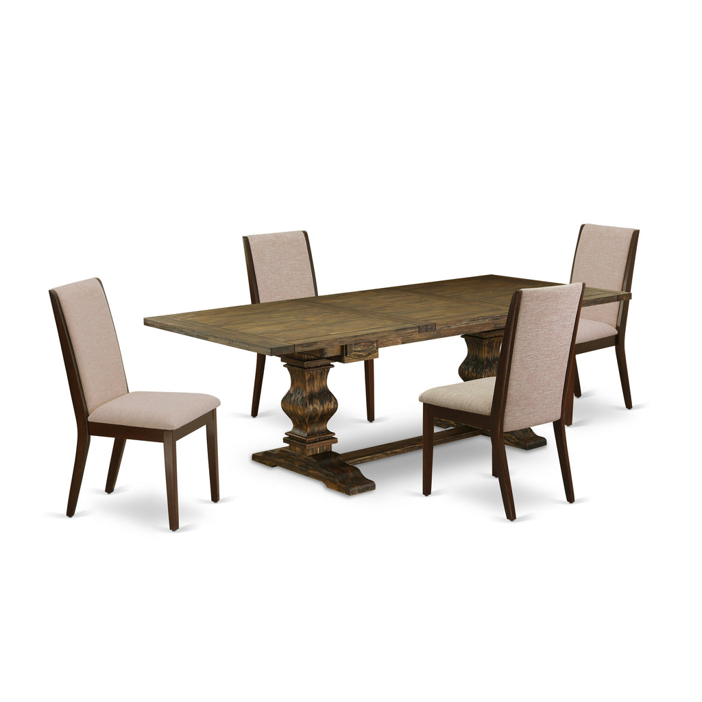 East West Furniture LALA5-73-04 5 Piece Dining Room Table Set Includes a Rectangle Kitchen Table with Butterfly Leaf and 4 Light Tan Linen Fabric Parsons Chairs, 42x92 Inch, Jacobean