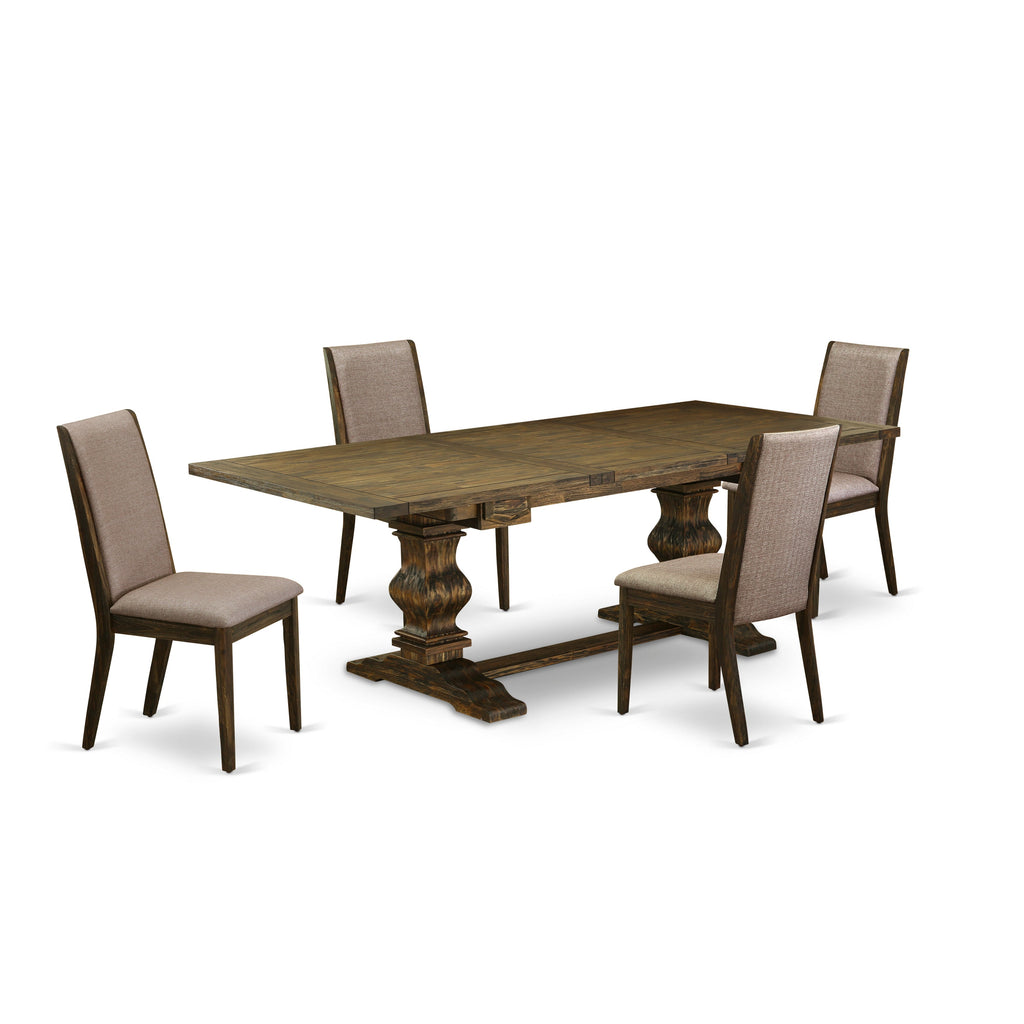 East West Furniture LALA5-77-16 5 Piece Dining Room Table Set Includes a Rectangle Kitchen Table with Butterfly Leaf and 4 Dark Khaki Linen Fabric Parsons Chairs, 42x92 Inch, Jacobean