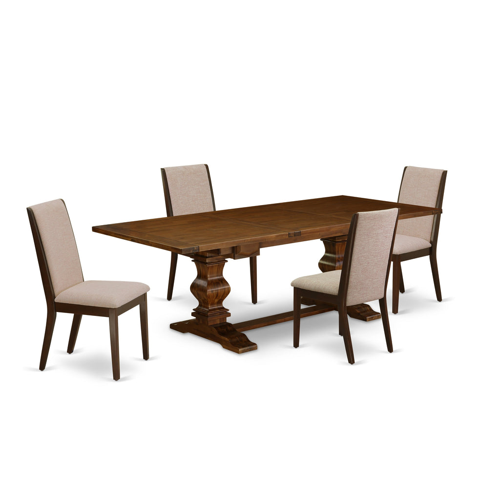 East West Furniture LALA5-83-04 5 Piece Dining Table Set Includes a Rectangle Butterfly Leaf Kitchen Table and 4 Light Tan Linen Fabric Upholstered Chairs, 42x92 Inch, Walnut