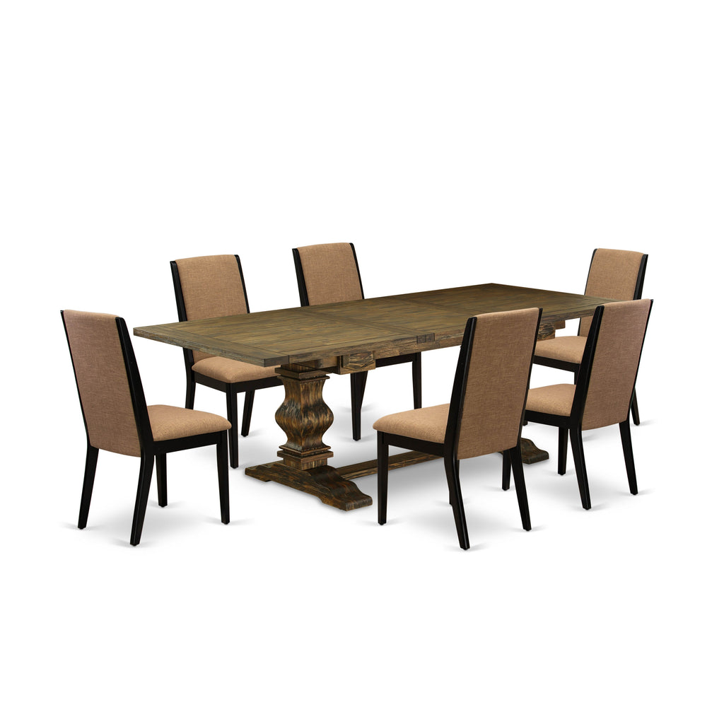 East West Furniture LALA7-71-47 7 Piece Dining Set Consist of a Rectangle Dining Room Table with Butterfly Leaf and 6 Light Sable Linen Fabric Upholstered Chairs, 42x92 Inch, Jacobean