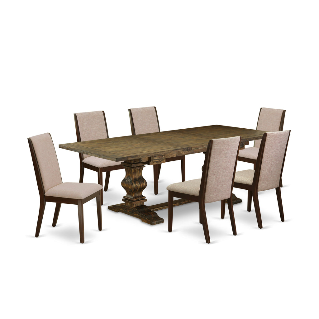 East West Furniture LALA7-73-04 7 Piece Dining Set Consist of a Rectangle Dining Room Table with Butterfly Leaf and 6 Light Tan Linen Fabric Upholstered Chairs, 42x92 Inch, Jacobean