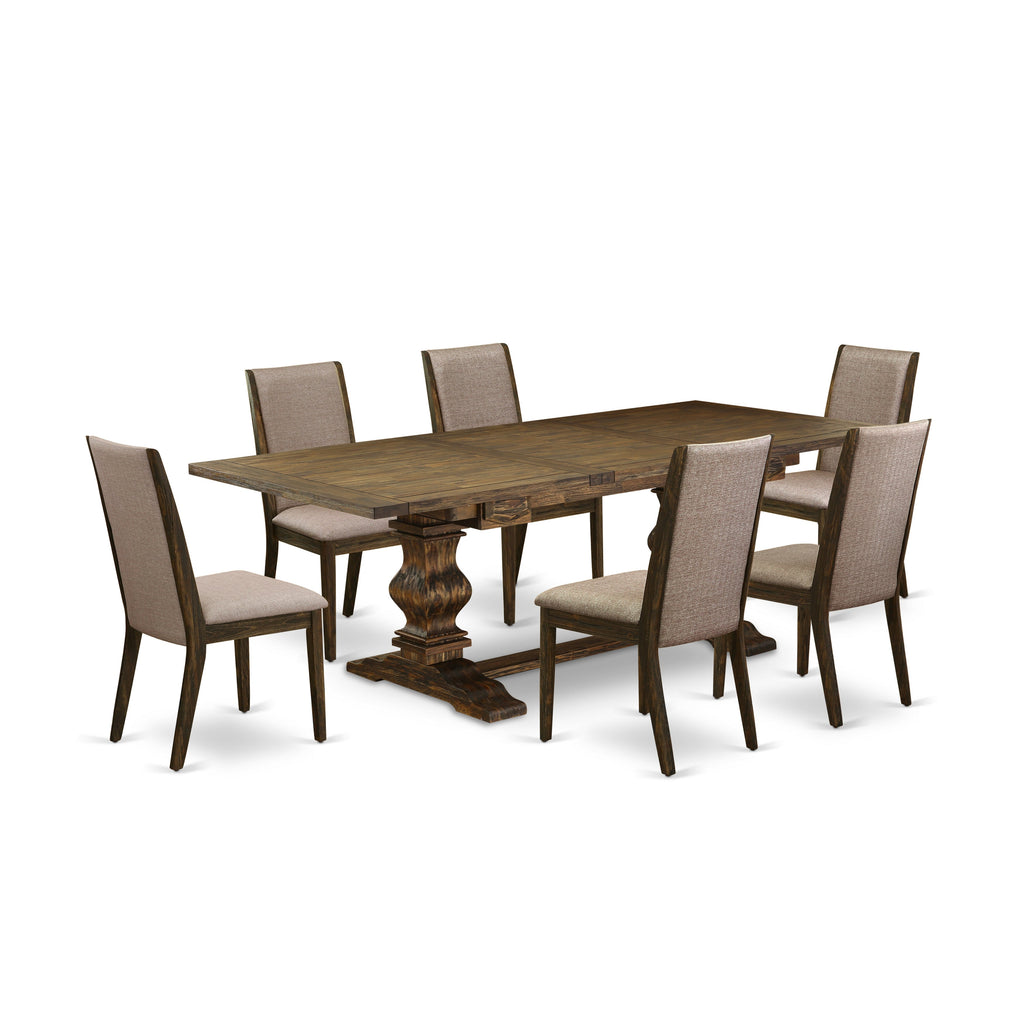 East West Furniture LALA7-77-16 7 Piece Dining Set Consist of a Rectangle Dining Room Table with Butterfly Leaf and 6 Dark Khaki Linen Fabric Upholstered Chairs, 42x92 Inch, Jacobean