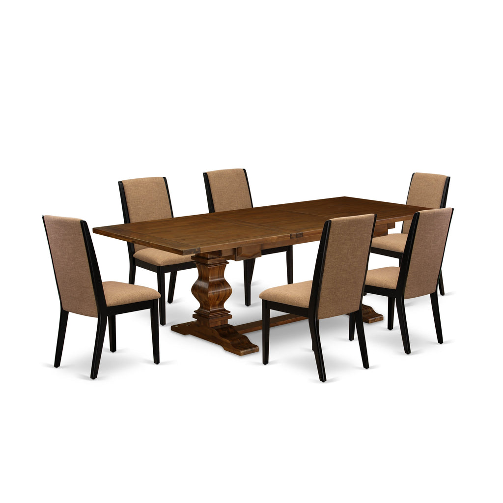East West Furniture LALA7-81-47 7 Piece Dining Set Consist of a Rectangle Dining Room Table with Butterfly Leaf and 6 Light Sable Linen Fabric Parsons Chairs, 42x92 Inch, Walnut